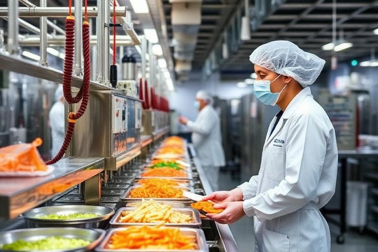 Food preparation factory line with stainless steel equipment and a worker in hygiene clothing