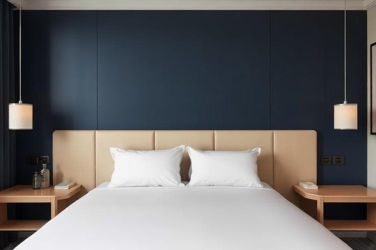 Clean modern hotel guest room with neatly made bed ready for a bed bug inspection