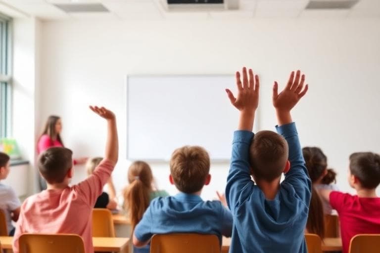 Bright school classroom with pupils raising hands and a teacher at the whiteboard