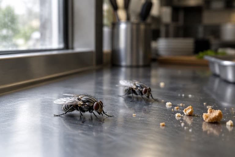 House flies on a stainless steel kitchen worktop